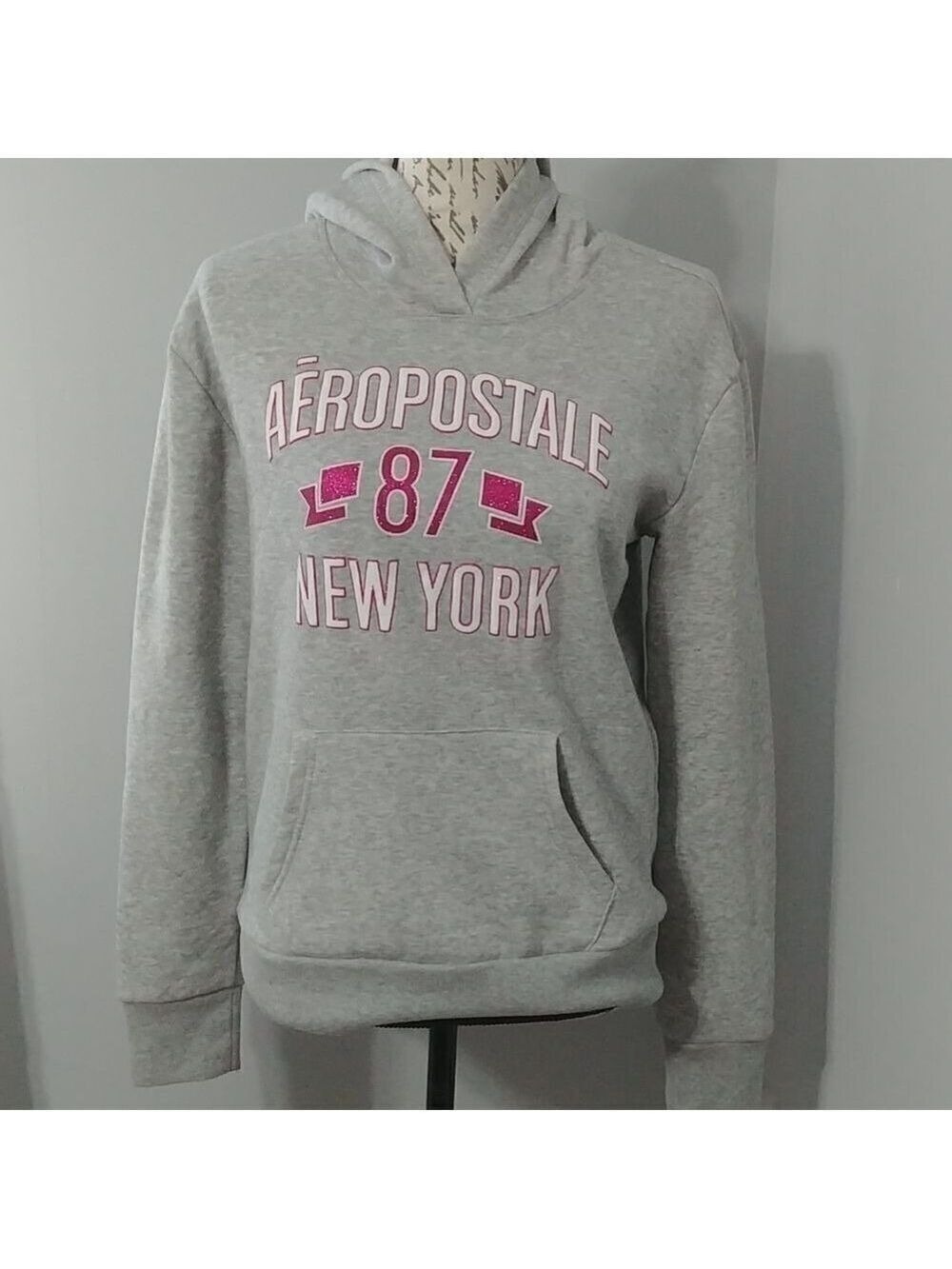 -Aeropostale grey hoodie with glitter pink lettering S (fits small)